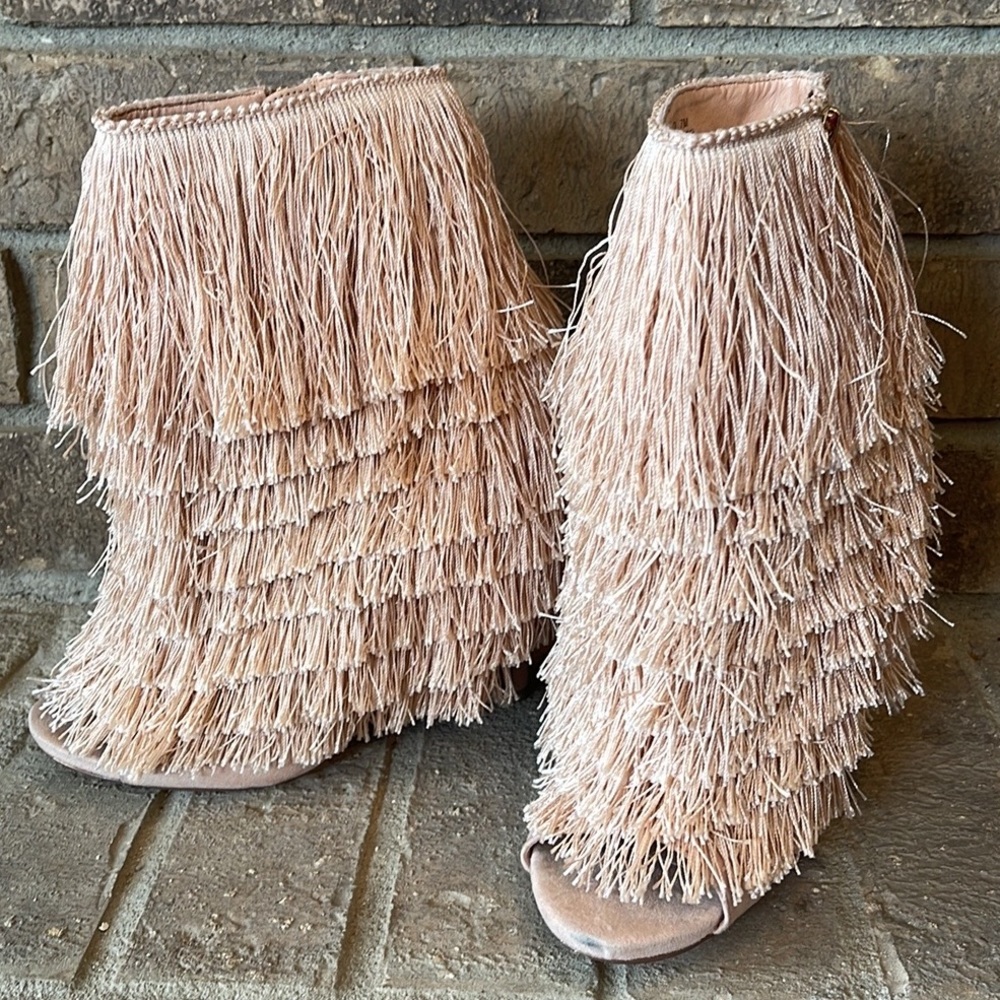 Fringe Peep-Toe Booties - Pink
